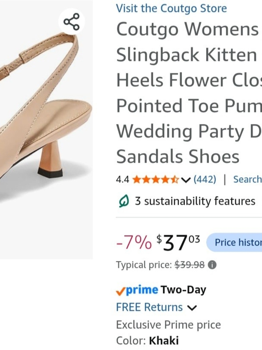 Womens Khaki Slingback Kitten Heel Pointed Toe Pumps, Size 6